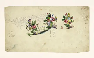 Composition florale en bouquets et bandes de gazon, projets de broderies de gilet, XVIIIème siècle