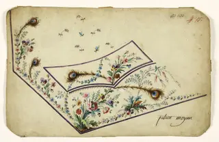 Composition florale et guirlandes de fleurs et de plumes de paon, projets de broderies de gilet, XVIIIème siècle, 1750