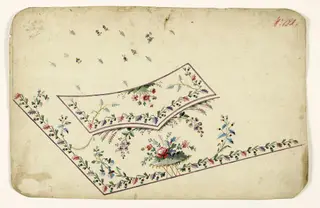 Composition florale sur tertre rocheux, frises de fleurs et de feuilles, projets de broderies de gilet, XVIIIème siècle
