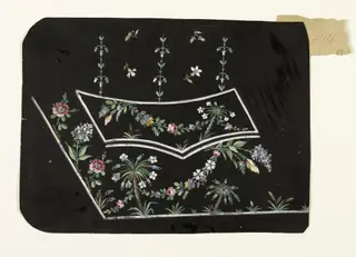 Composition sur fond noir avec palmiers fleuris, fleurs sur branches et guirlandes de fleurs, projets de broderies de gilet, XVIIIème siècle