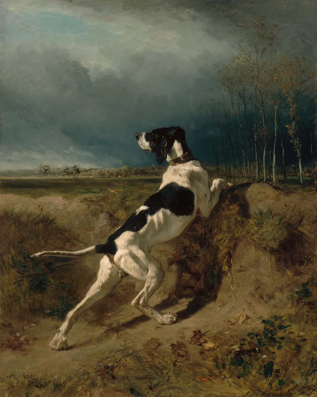Hound Pointing, by Constant Troyon, oil, 1860