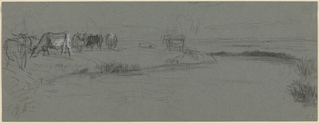 River Bank with Cattle, by Constant Troyon, chalk, 1850