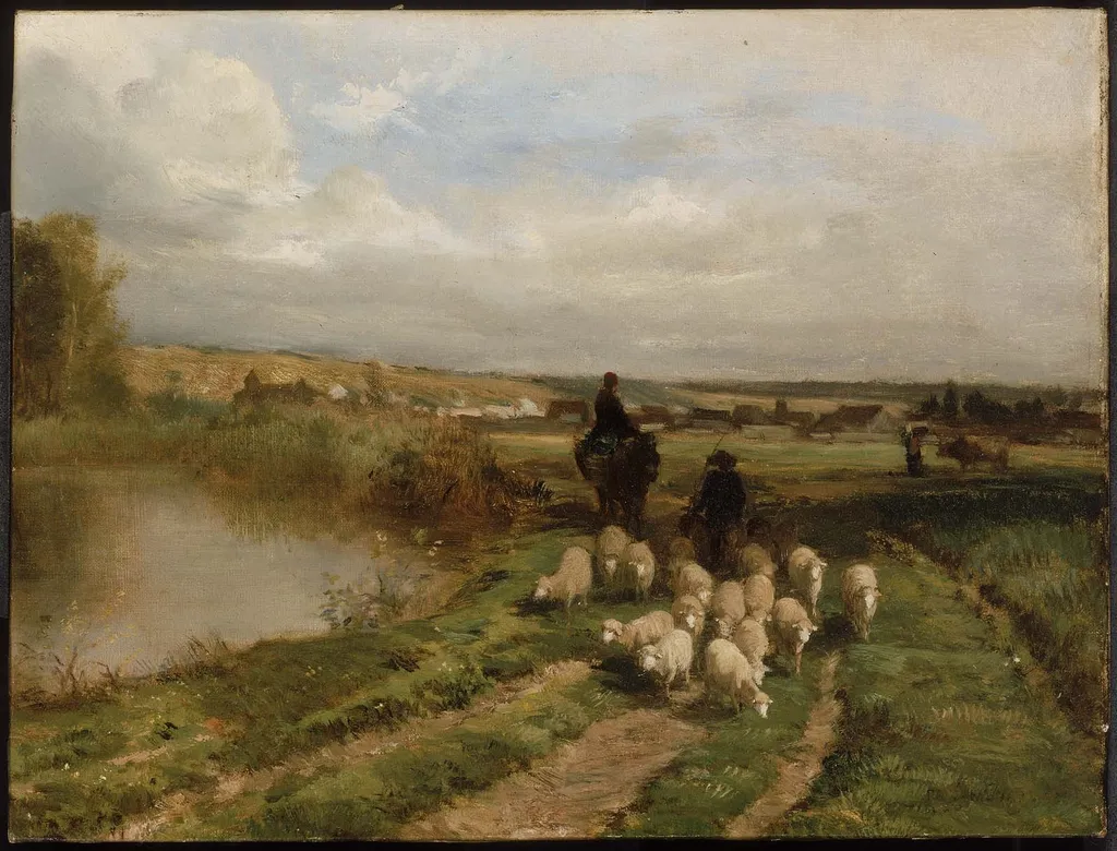 Sheep and Shepherd in a Landscape, by Constant Troyon, oil, 1854