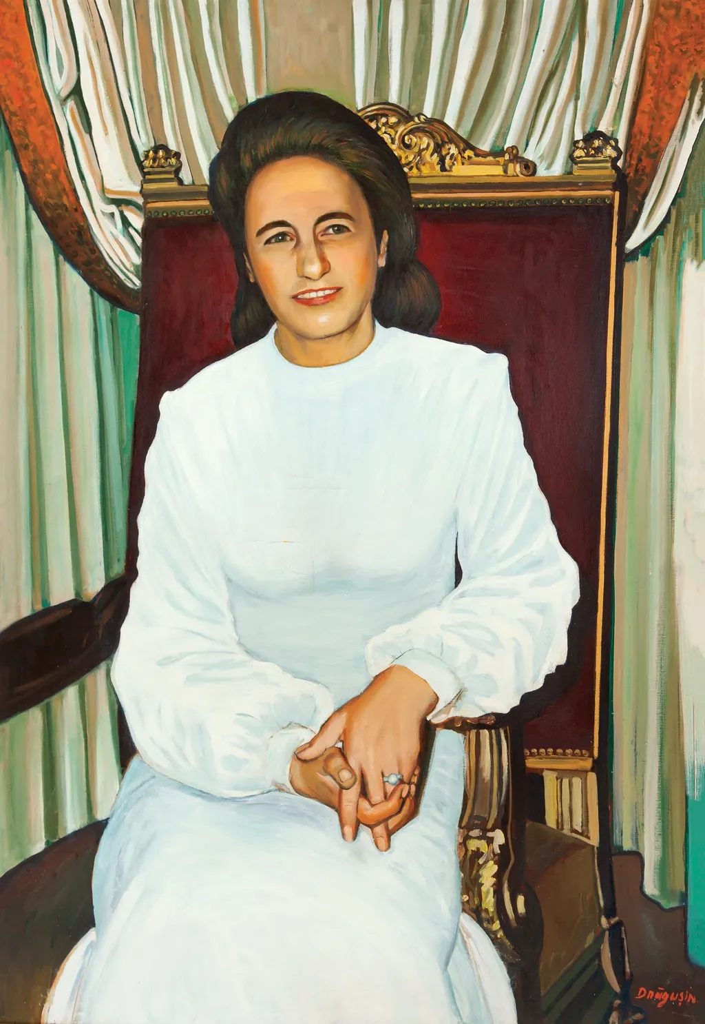Tablou, ulei pe pânză, „Portret Elena Ceaușescu”, semnat Drăgușin în partea dreaptă jos, nedatat. Elena Ceaușescu, stând pe un scaun cu spătar înalt (jilț) într-o rochie elegantă de culoare albă. Comandat și oferit de Ministerul de Interne, 5 ianuarie 1979., by Constantin Drăgușin
