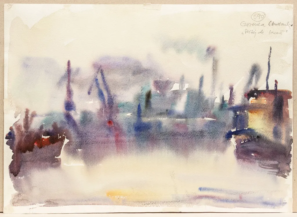 verso: Peisaj industrial la Tulcea;, by Constantin Găvenea, 1950