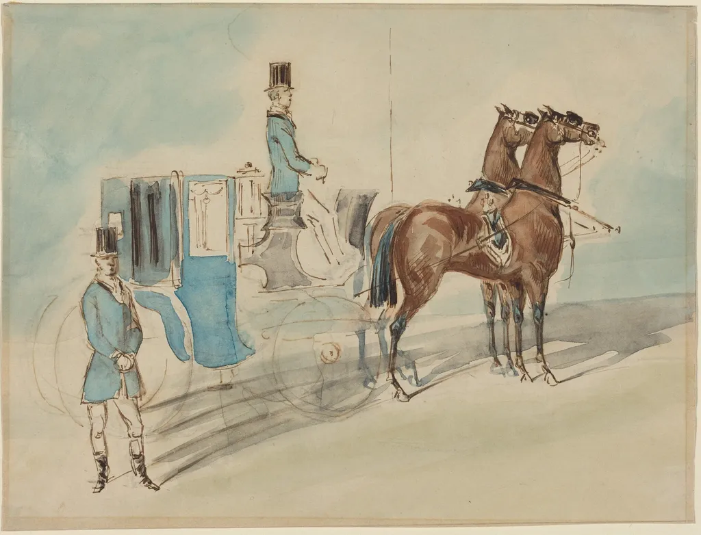 Carriage with Driver and Groom: Spring, by Constantin Guys, ink, 1848