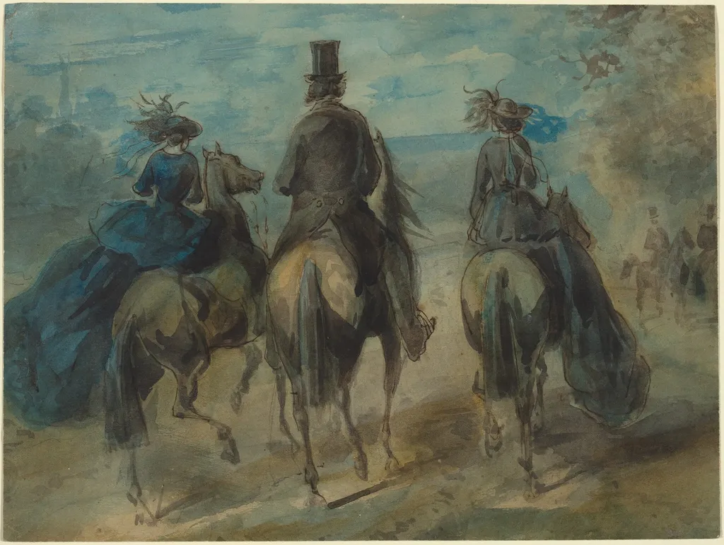 Promenade in the Bois, by Constantin Guys, ink, 1848