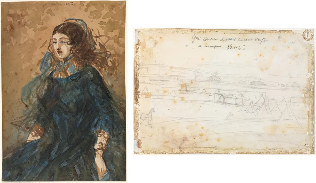 Woman in a Blue Dress (recto); War Encampment Scene (verso), by Constantin Guys, 1858