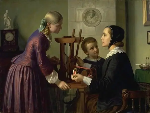 En husmoder ved sin båndvæv taler med to børn, by Constantin Hansen
