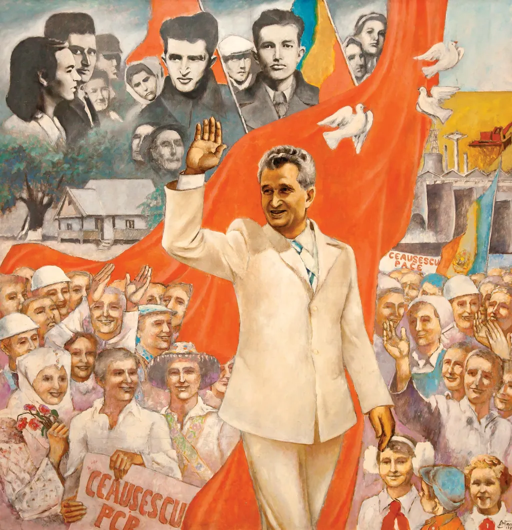 Tablou „Eroul României Socialiste” , semnat și datat în dreapta jos ”Constantin Nițescu 1988”. Comandat de Comitetul Județean de Partid Olt și oferit cadou lui Nicolae Ceaușescu la împlinirea vârstei de 70 de ani (ianuarie 1988)., by Constantin Nițescu