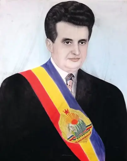 Tablou, acuarelă pe carton, ”Nicolae Ceaușescu la alegerea ca președinte”, nesemnat, atribuit lui Constantin Z. Bolovan. Portretul este realizat într-o manieră naivă, proporțiile personajului sunt puțin supradimensionate, Nicolae Ceaușescu este reprezentat cu eșarfa tricoloră cu stema RSR. Oferit de Constantin Z. Bolovan, Iași, 1978., by Constantin Z. Bolovan
