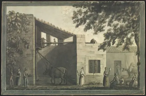Mode of drawing or raising water at a farm near Syracuse On the back, sketch of an ox, by Cooper Willyams