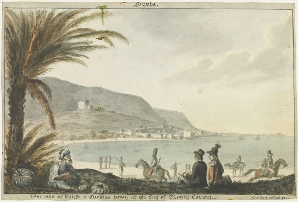 Syria. east view of Caiffe a Turkish town at the foot of Mount Carmel, by Cooper Willyams, watercolor, 1799