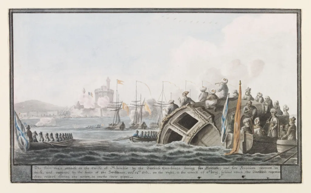 The first day's attack on the Castle of Aboukir by the Turkish Gun-boats having five British, and five Russian seamen in each, and assisted by the boats of the Swiftsure, octr: 24th, by Cooper Willyams, watercolor, 1798