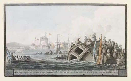 The first day's attack on the Castle of Aboukir by the Turkish Gun-boats having five British, and five Russian seamen in each, and assisted by the boats of the Swiftsure, octr: 24th, by Cooper Willyams
