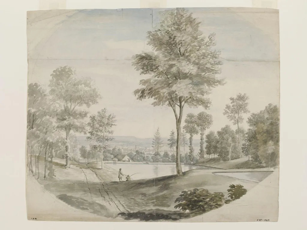 View over a valley and town (possibly Bath?), by Coplestone Warre Bampfylde, watercolor, 1770
