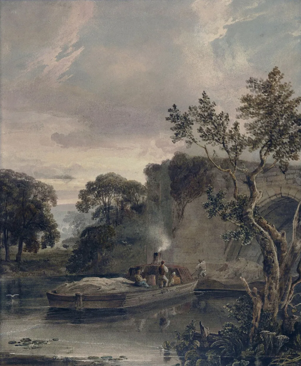 Barges Passing a Bridge, by Copley Fielding, watercolor, 1818