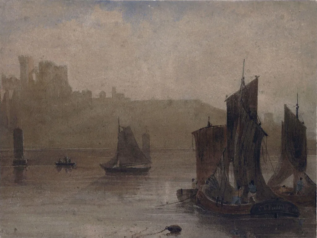 Castle on a Cliff: Fishing Smacks, by Copley Fielding, watercolor, 1810