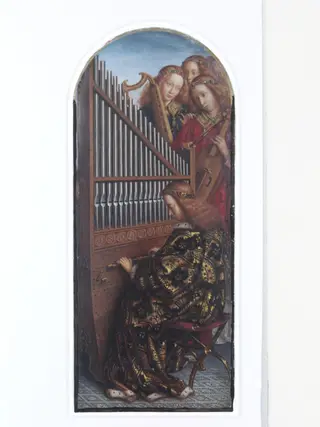 Copy of a detail of the Ghent Altarpiece, St Cecilia and the Organ, by Hubert and Jan van Eyck in the church of St Bavon, Ghent.