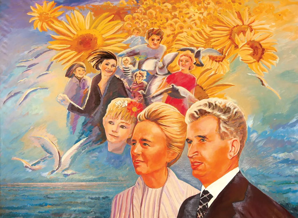 Tablou, „Omagiu”, ulei pe pânză atribuit Cornelia Ionescu Drăgușin. Cuplul Ceaușescu este reprezentat într-o atitudine de contemplare a orizontului, pe fundal marea și pescărușii. În partea de sus un joc de copii printre flori de floarea - soarelui. Oferit de Comitetul pentru Problemele Consiliilor Populare (1984), by Cornelia Ionescu Drăgușin