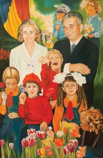 Tablou, ulei pe pânză, „Nicolae și Elena Ceaușescu în mijlocul unui grup de pioneri și șoimi ai patriei”, semant în partea dreaptă jos Cornelia Ionescu și datat 1981. Comandat și oferit de Consiliul Național al Pionerilor, 14.X.1981., by Cornelia Ionescu Drăgușin