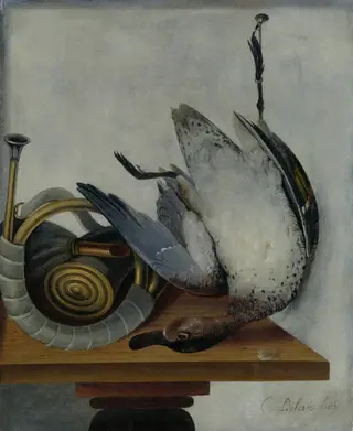 A wild duck hanging on the tether, by Cornelis Biltius