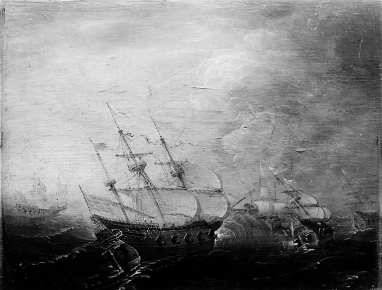 Fight between two Ships on Rough Sea, by Cornelis Claesz van Wieringen