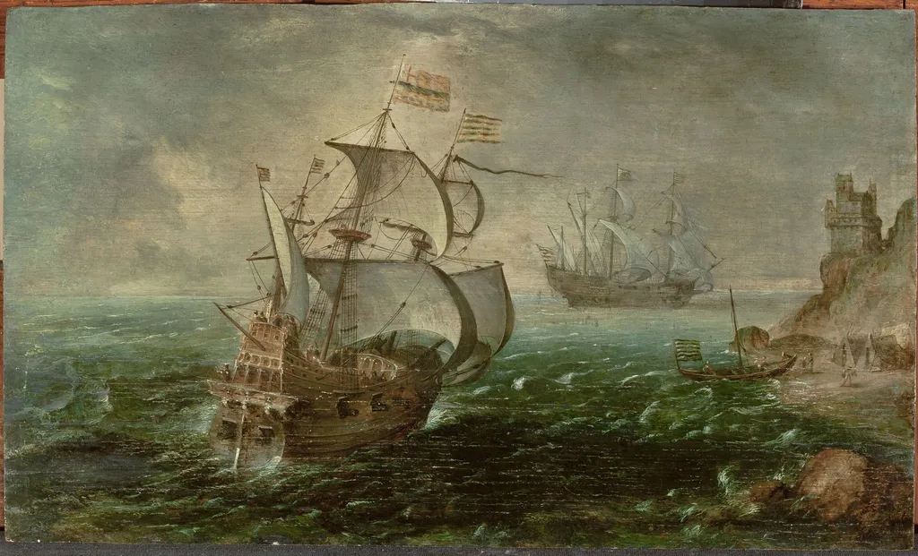 Sail boats on the sea, by Cornelis Claesz van Wieringen, oil, 1615