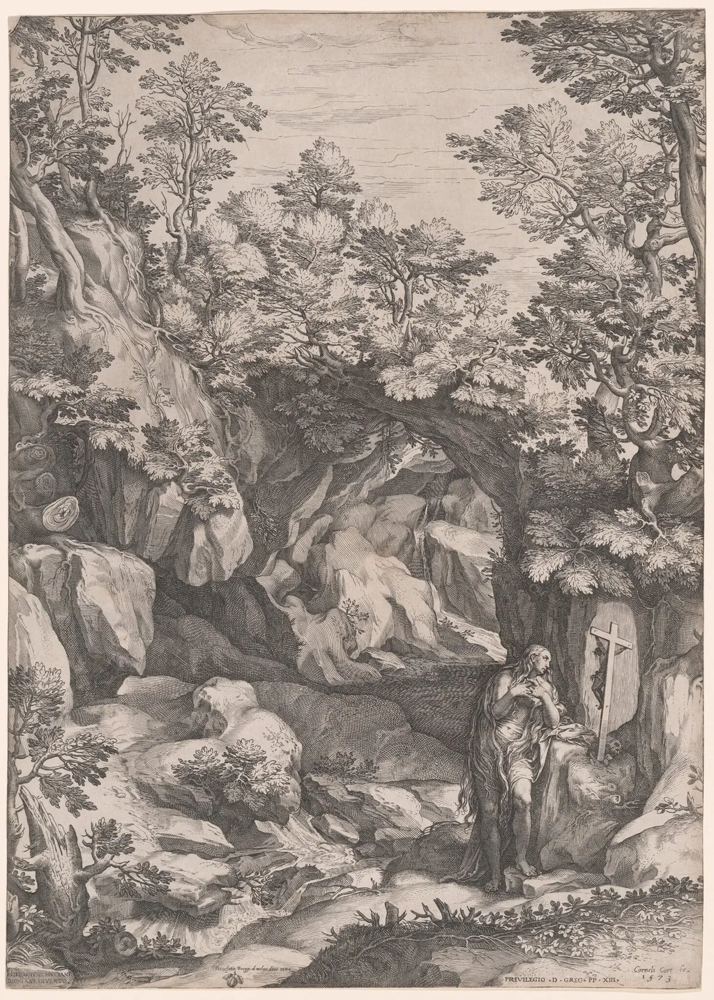 Landscape with a Penitent Magdalene, by Cornelis Cort, ink, 1573