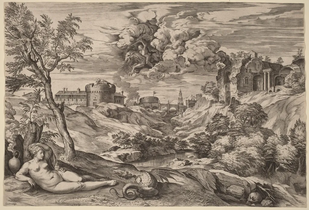 Landscape with Roger Liberating Angelica, by Cornelis Cort, ink, 1565
