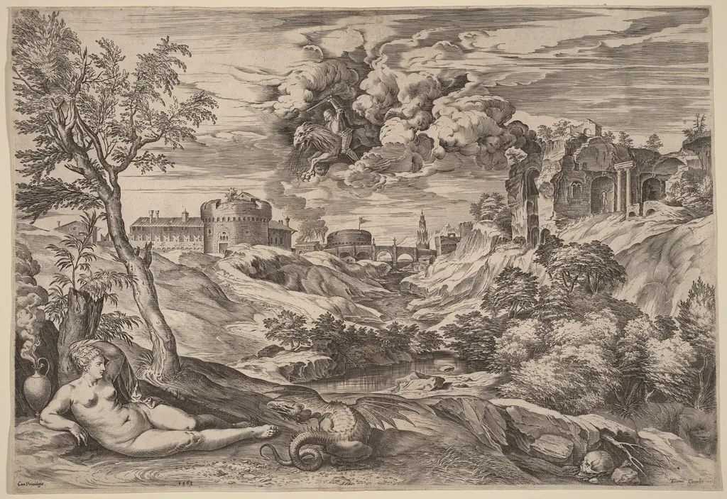 Landscape with Roger Liberating Angelica, by Cornelis Cort, ink, 1565