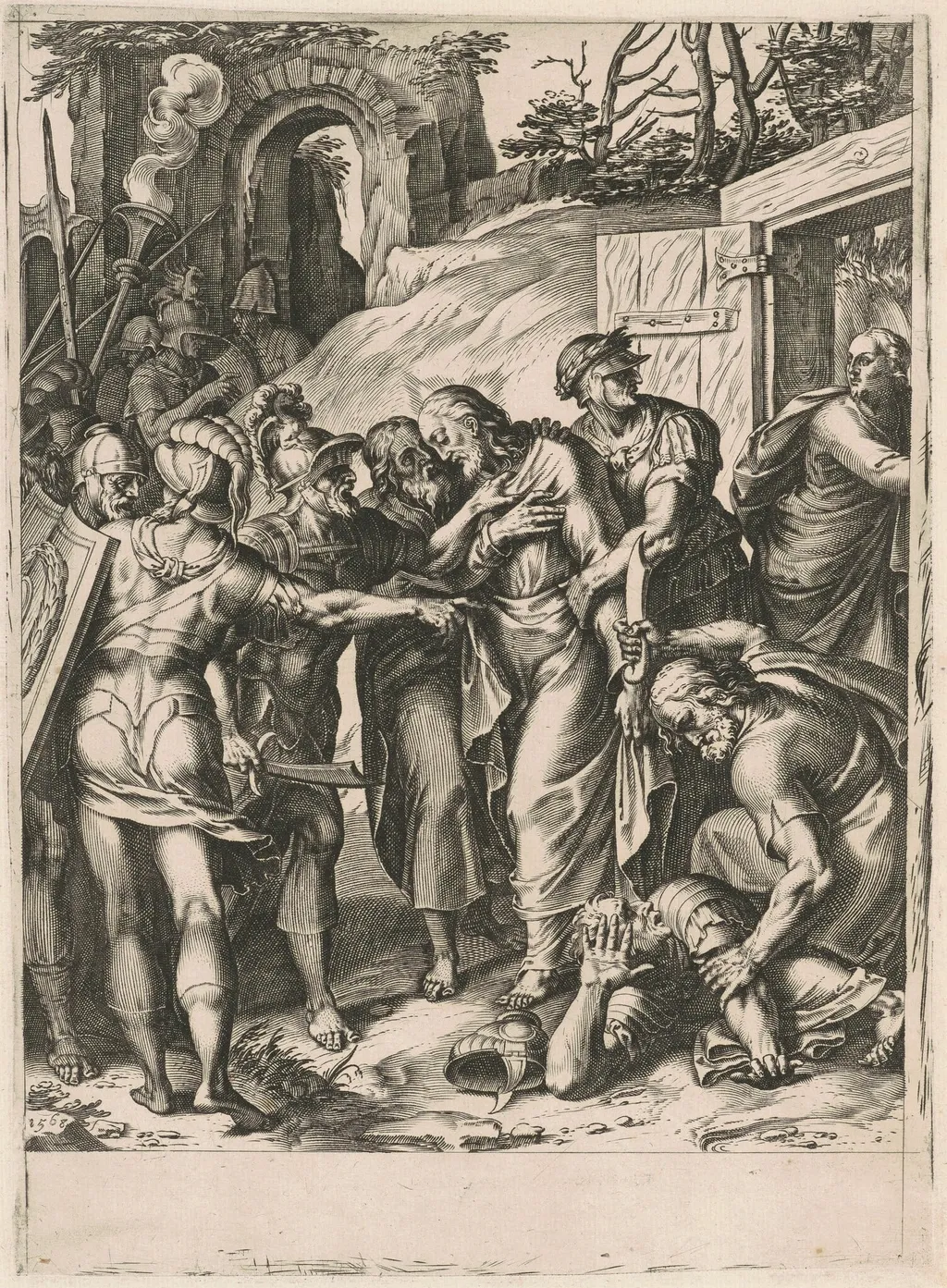 The Betrayal of Christ, by Cornelis Cort, ink, 1568
