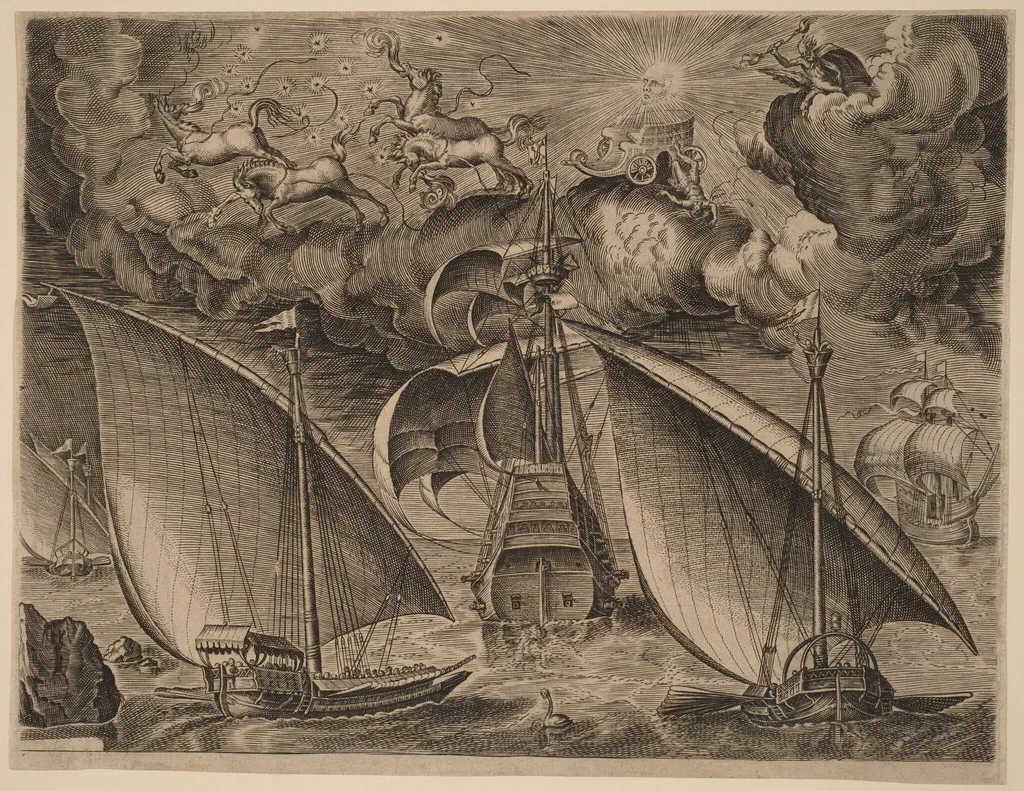 Two Galleys behind an Armed Three-Master with Phaethon and Jupiter in the Sky, by Cornelis Cort, ink, 1565