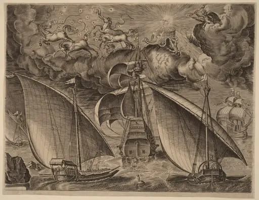 Two Galleys behind an Armed Three-Master with Phaethon and Jupiter in the Sky, by Cornelis Cort