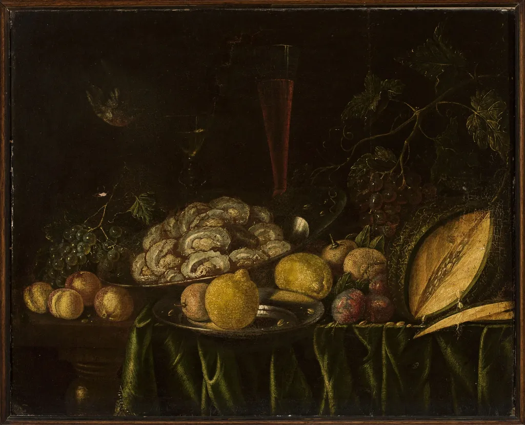 Still life with – fruit, mussels and a bird, by Cornelis de Bryer, oil