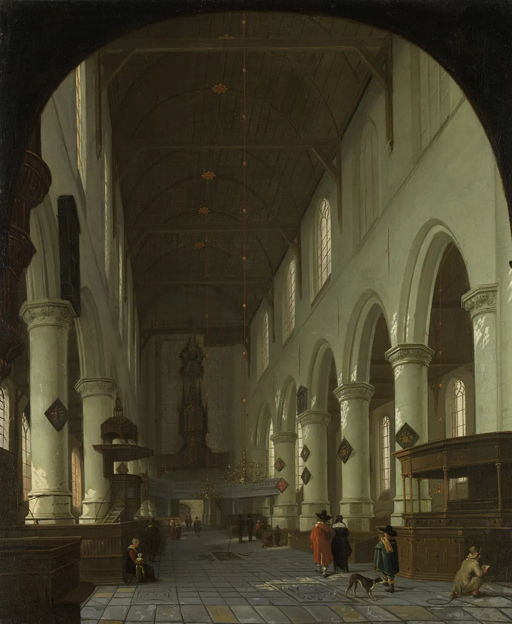 View in the Oude Kerk in Delft, from the choir to the portal, by Cornelis de Man, oil, 1675
