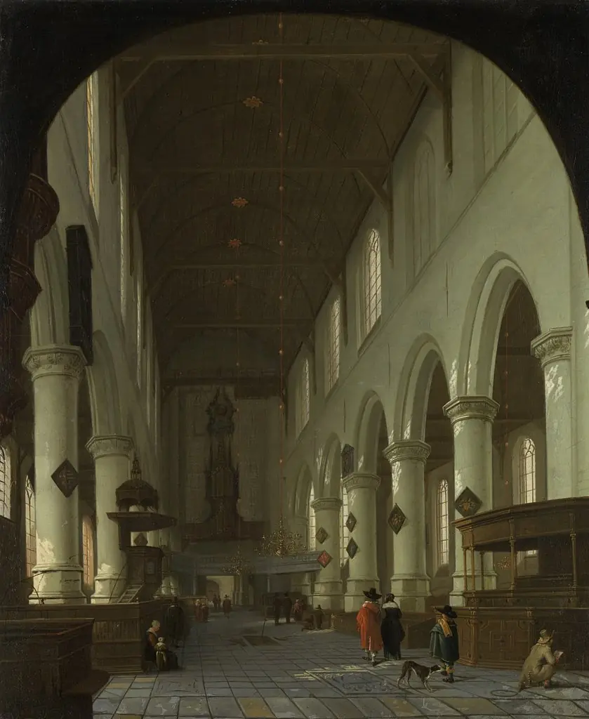 View in the Oude Kerk in Delft, from the choir to the portal, by Cornelis de Man