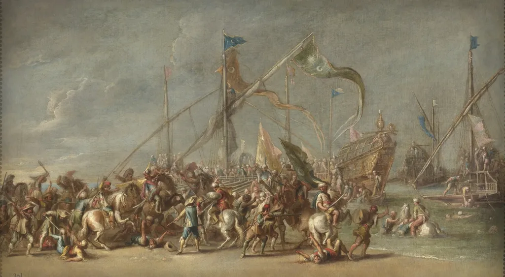 Landing and combat, by Cornelis de Wael, oil, 1601
