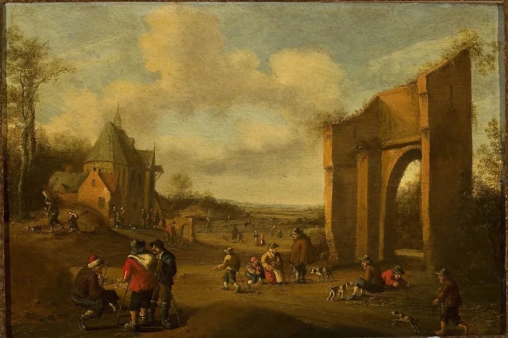 Countryside landscape with peasants, by Cornelis Droochsloot, oil, 1667