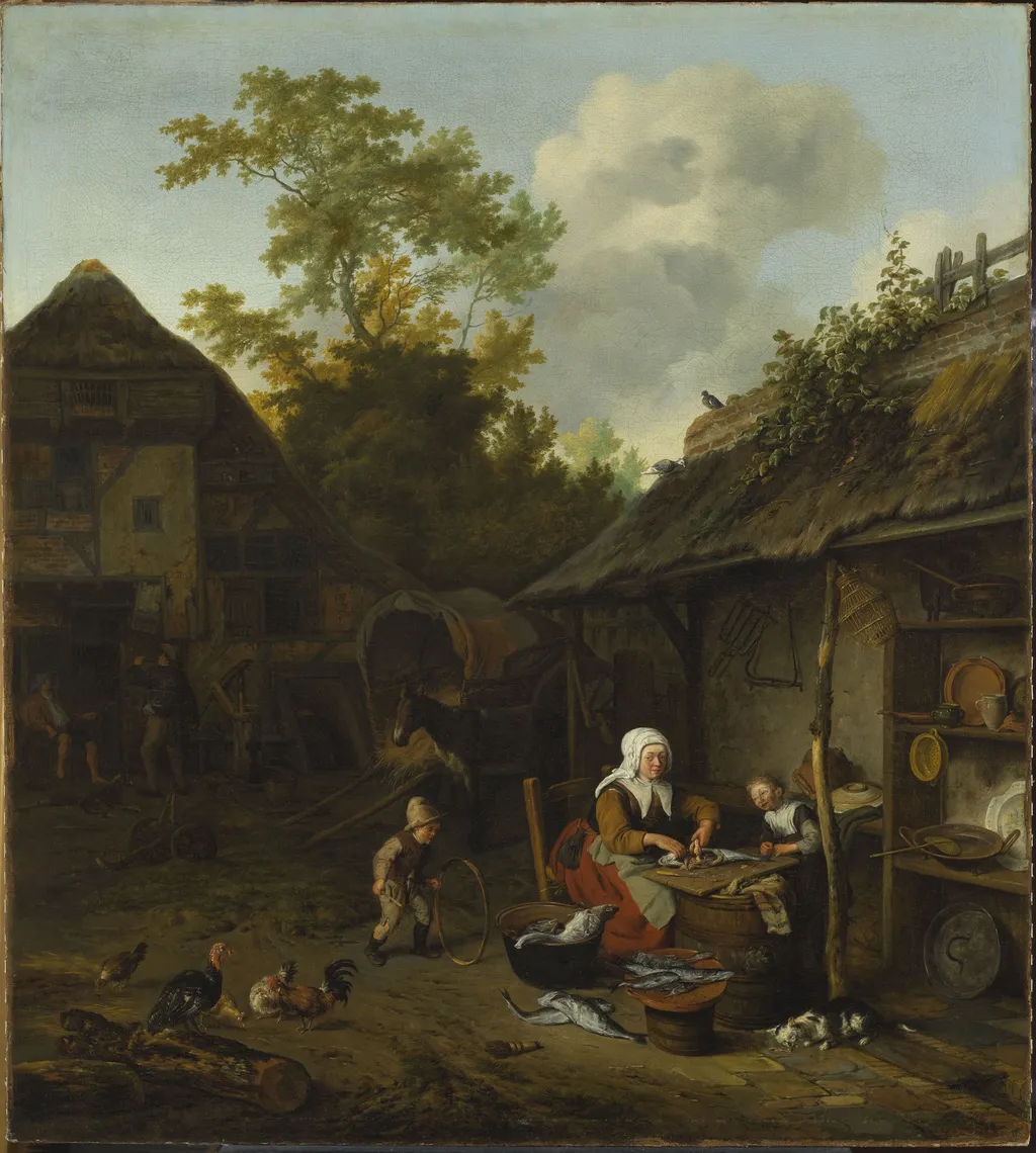 Fish scraping, by Cornelis Dusart, oil, 1692