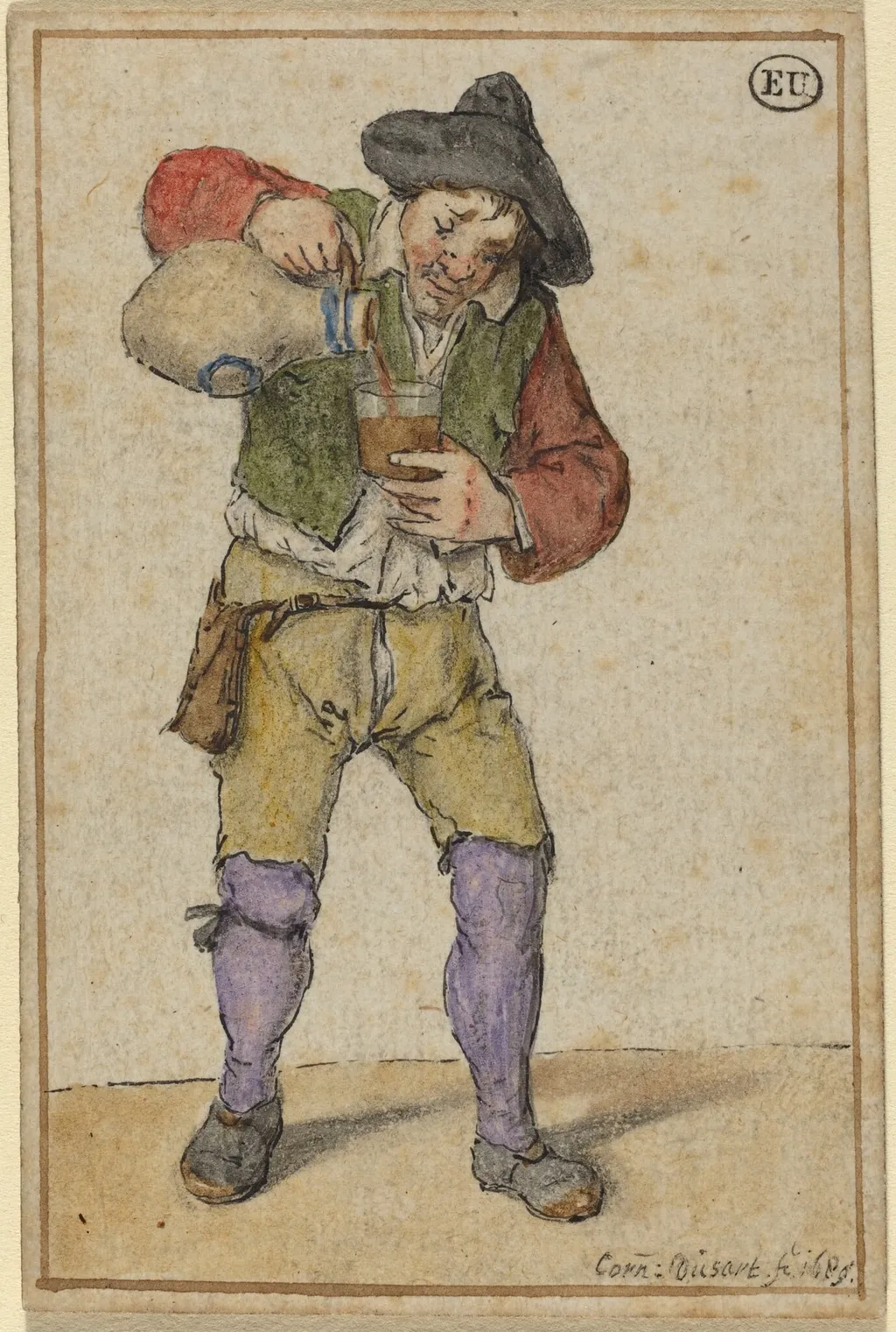 Peasant Filling a Glass, by Cornelis Dusart, ink, 1689