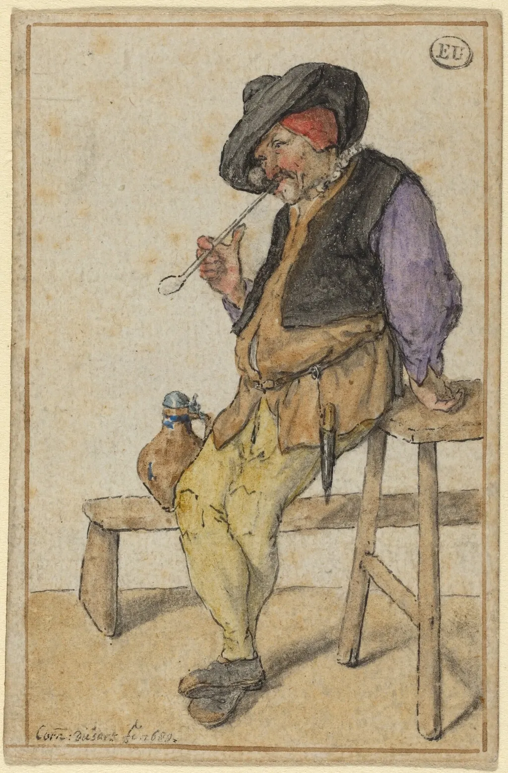 Peasant Smoking, by Cornelis Dusart, ink, 1689