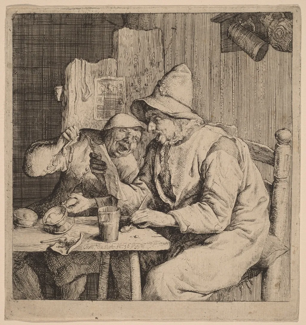 Two Peasants Singing, by Cornelis Dusart, ink, 1685