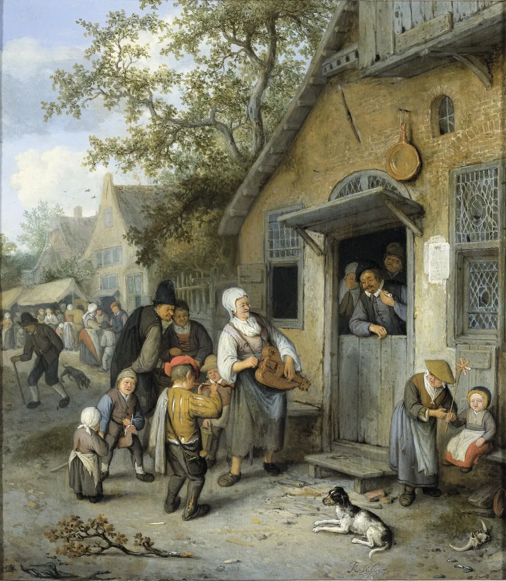 Village fair, by Cornelis Dusart, oil, 1696