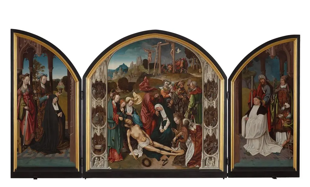 Ss Cecilia,Mary Magdalene with donatrix,lamentation flanked by other six Sorrows of Mary, Ss James Great,Martin of Tours an Augustine monk, by Cornelis Engebrechtsz.
