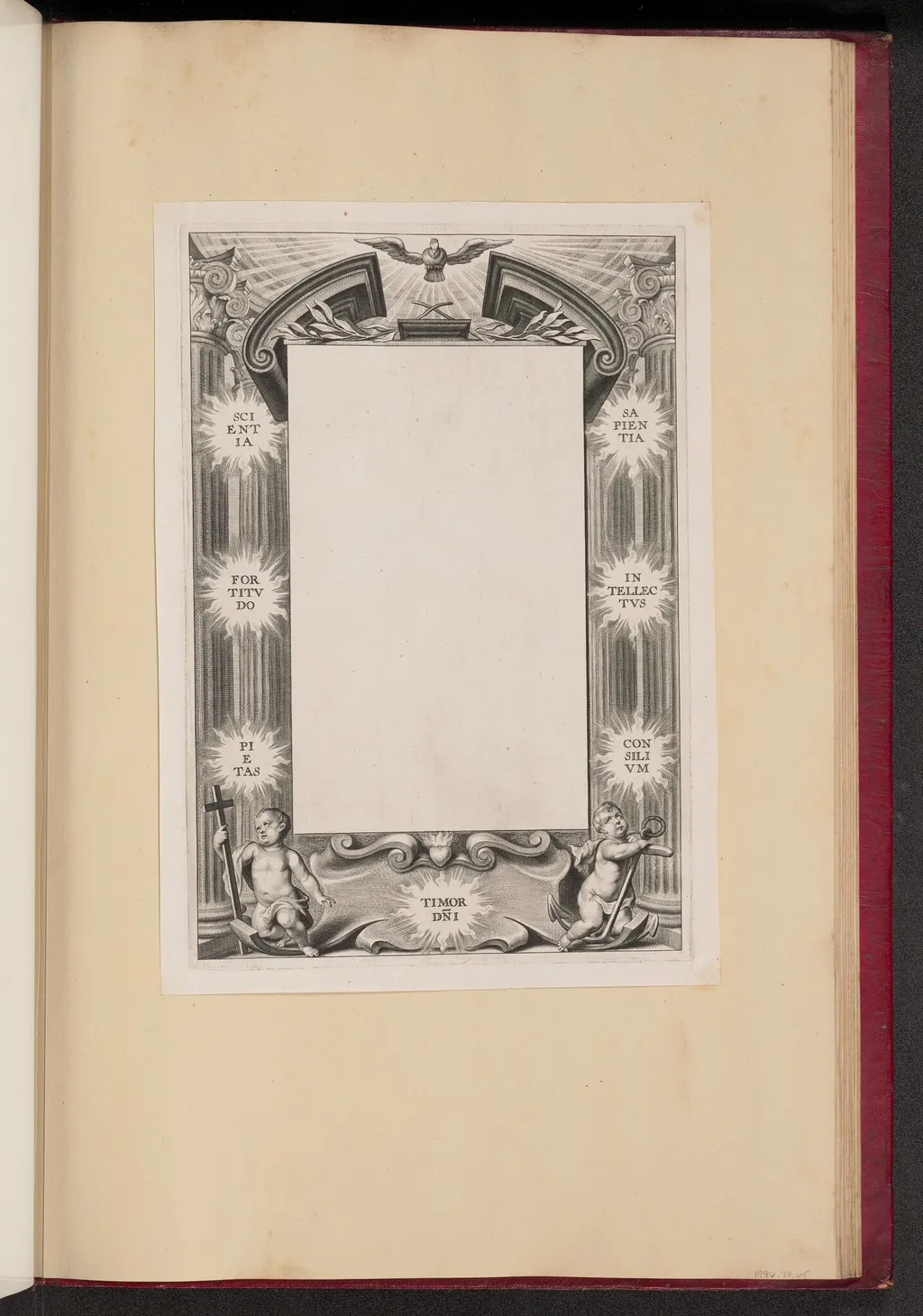 Border Illustration with Two Putti "Scientia, Fortitvdo, Pietas, Timor-DNI, Sapientia, Intellectvs, Consilivm", by Cornelis Galle I, ink, 1613