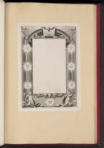 Border Illustration with Two Putti "Scientia, Fortitvdo, Pietas, Timor-DNI, Sapientia, Intellectvs, Consilivm", by Cornelis Galle I