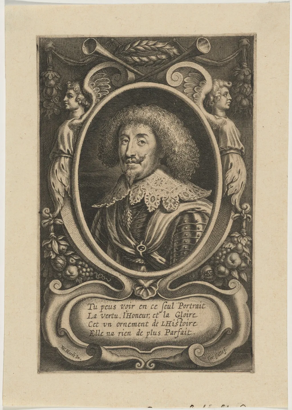 Portrait of Man in Oval with Decoration of Winged Figures, by Cornelis Galle I, ink, 1613