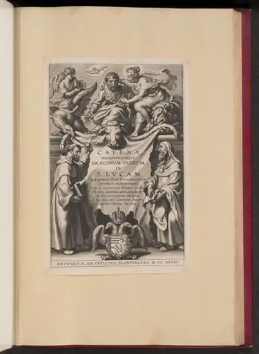 Title Page for Balthasar Cordier, Catena Sexaginta Qvinqve Graecorvm Patrvm in S. Lvcam..., by Cornelis Galle I