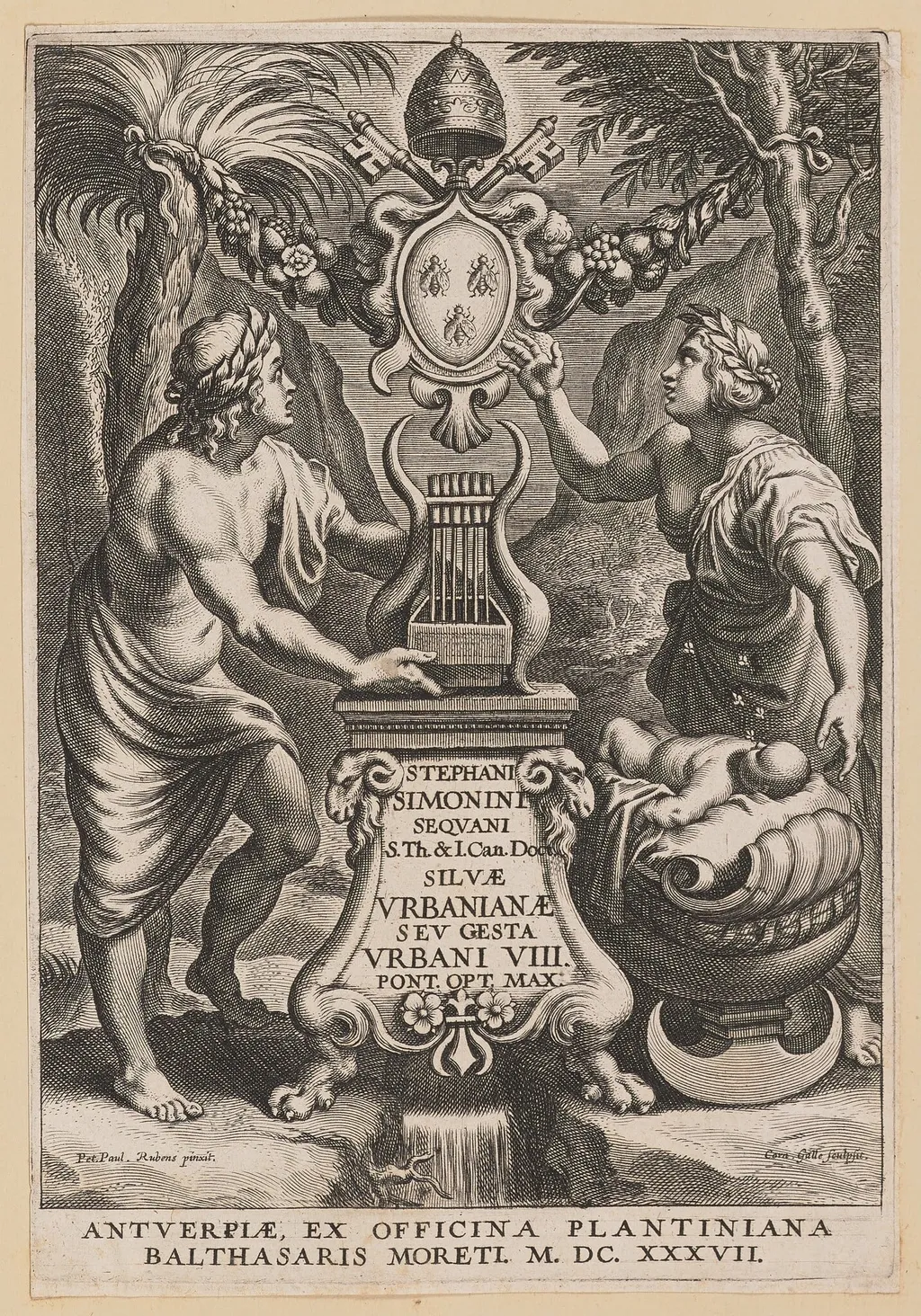 Title Page for Stephanus Simonini, Silvae Urbaninae, by Cornelis Galle I, ink, 1637